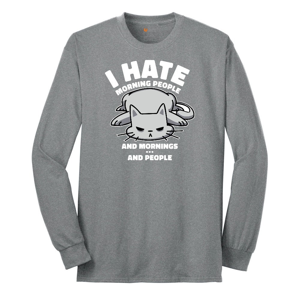 I Hate Morning People Cat Design Long Sleeve Tee - Athletic Grey