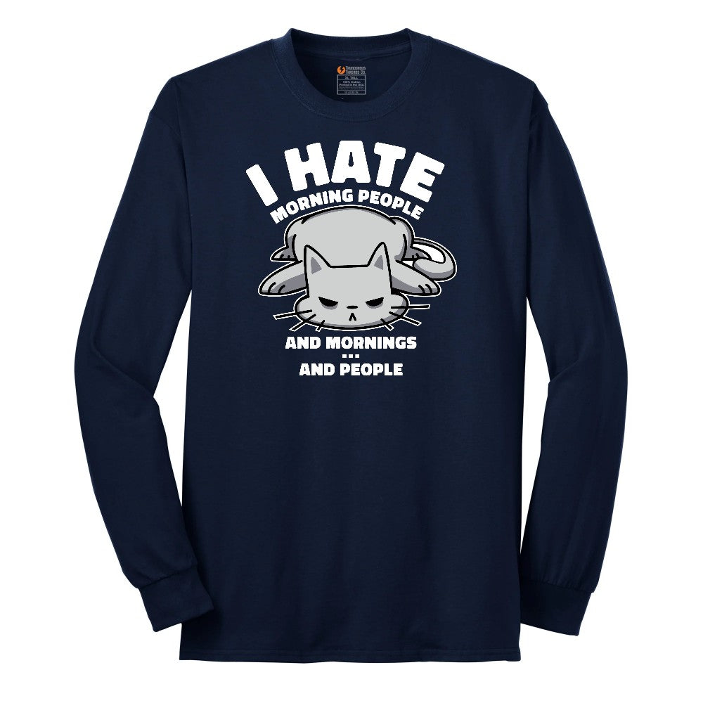 I Hate Morning People Cat Design Long Sleeve Tee - Navy