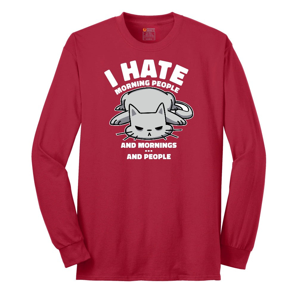 I Hate Morning People Cat Design Long Sleeve Tee - Red