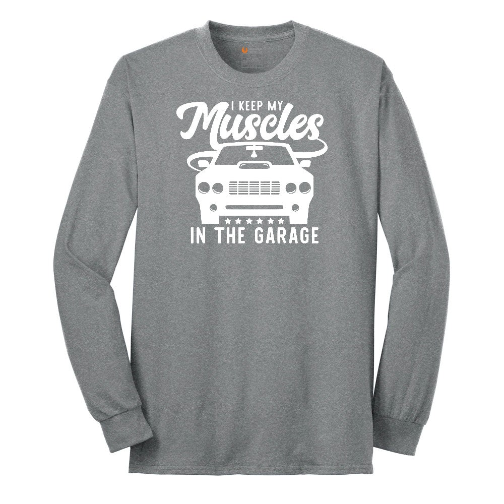 I Keep My Muscles in the Garage Car Design Long Sleeve Tee - Athletic Grey
