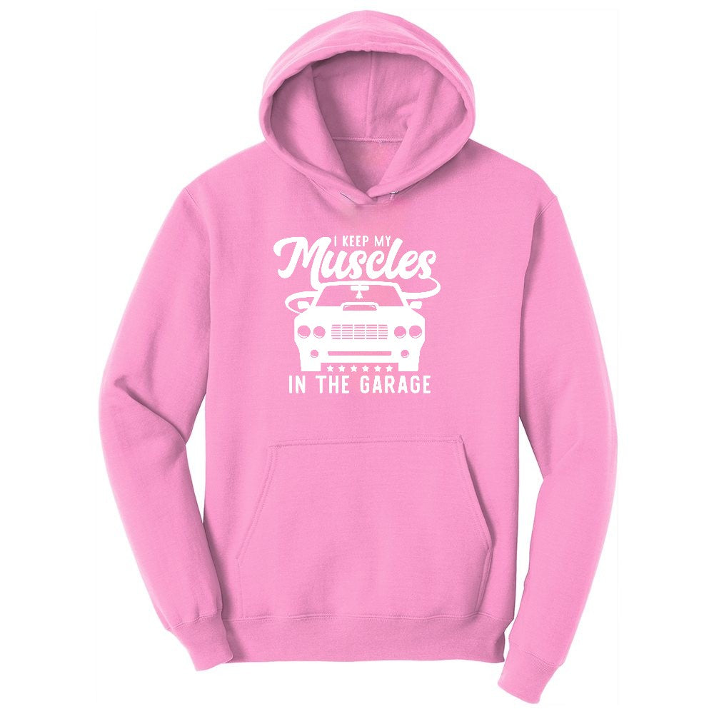 I Keep My Muscles in the Garage Car Design Youth Hoodie - Candy Pink