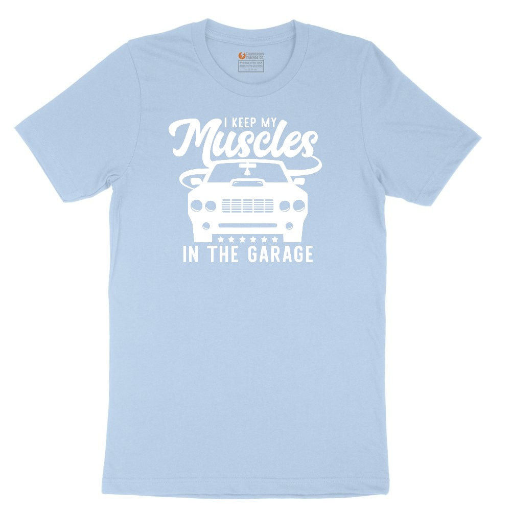 I Keep My Muscles in the Garage Car Design Youth Short Sleeve Tee - Light Blue