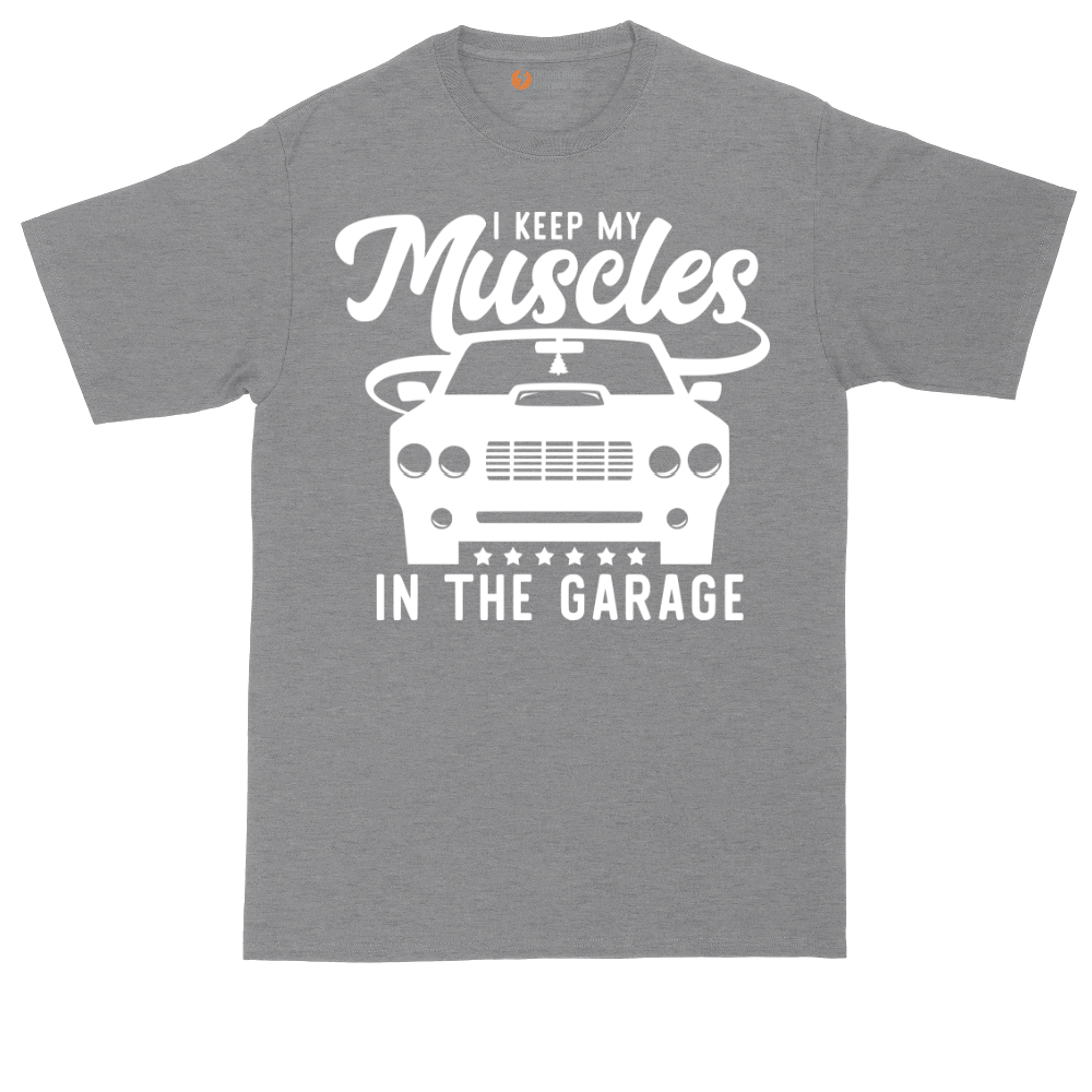 I Keep My Muscles in the Garage tall t-shirt for men in Athletic Heather
