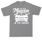 I Keep My Muscles in the Garage tall t-shirt for men in Athletic Heather