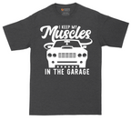 I Keep My Muscles in the Garage tall t-shirt for men in Dark Heather Grey