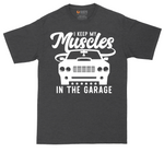 I Keep My Muscles in the Garage tall t-shirt for men in Dark Heather Grey