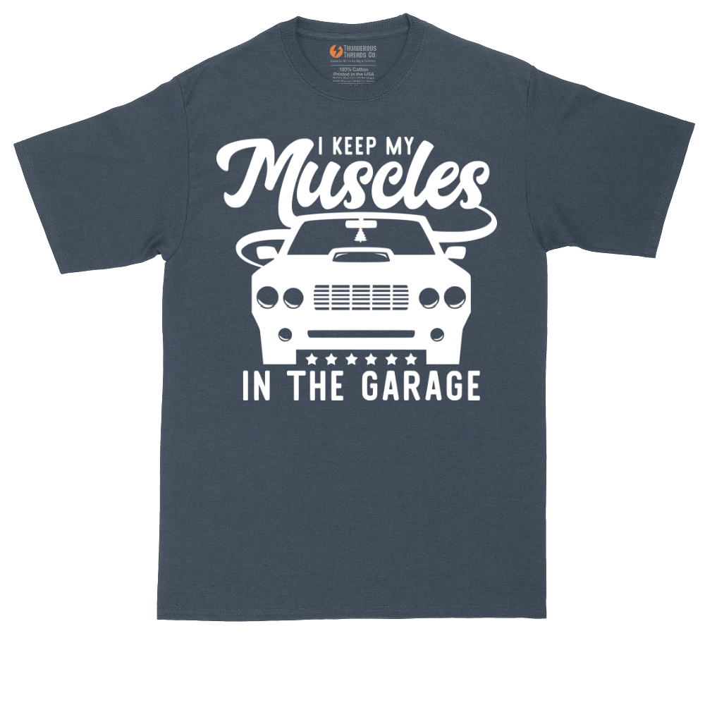 I Keep My Muscles in the Garage tall t-shirt for men in Heather Navy