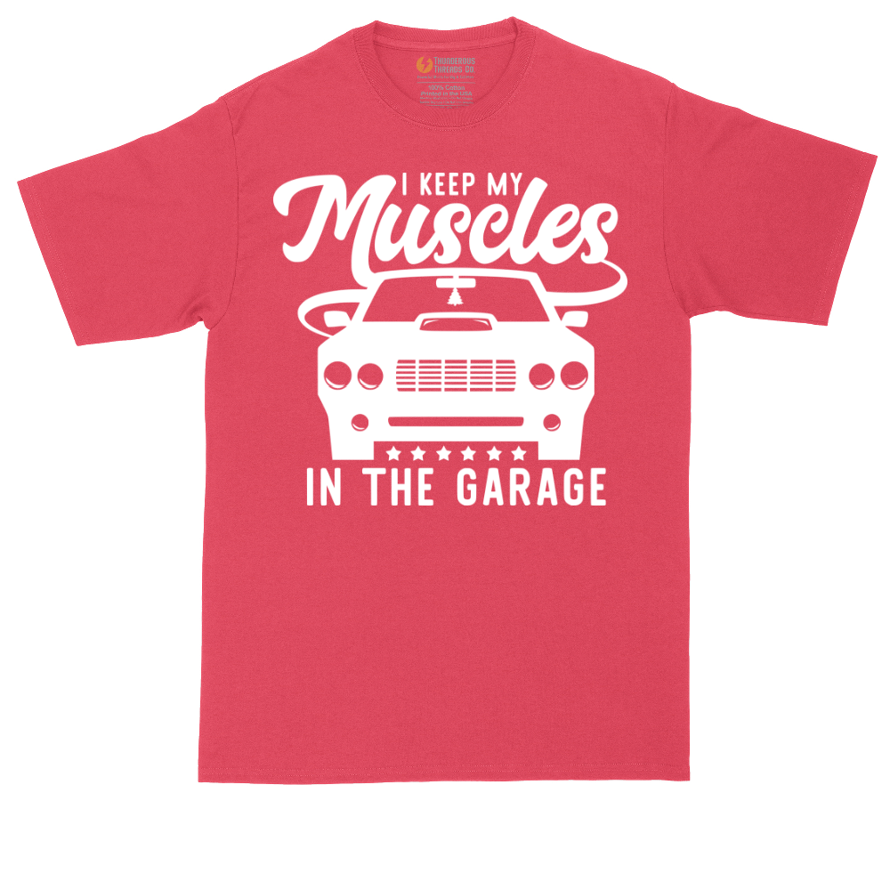 I Keep My Muscles in the Garage tall t-shirt for men in Heather Red