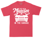 I Keep My Muscles in the Garage tall t-shirt for men in Heather Red