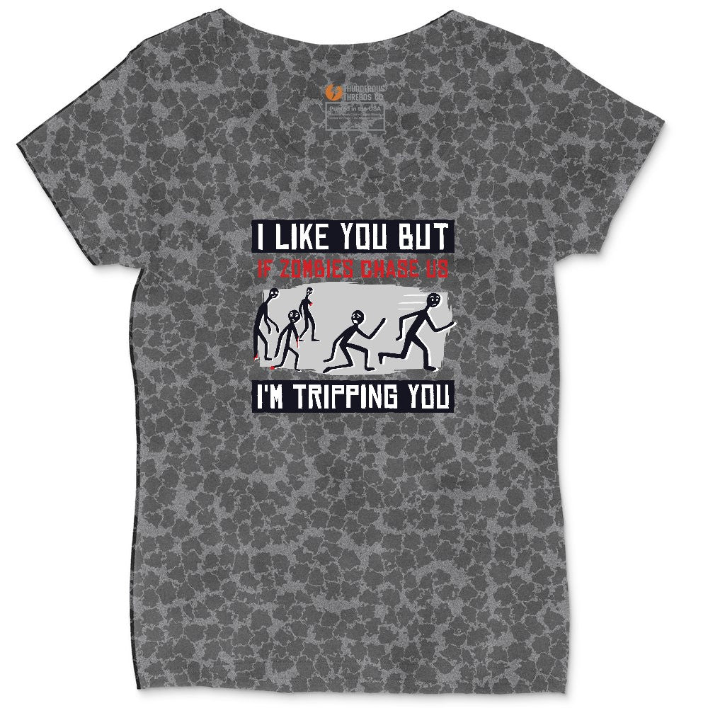 I Like You But if Zombies Chase Us I'm Tripping You Ladies Curvy Tee - Black Leopard