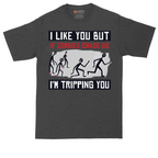 I Like You But if Zombies Chase Us I'm Tripping You tall t-shirt for men in Dark Heather Grey