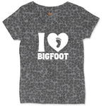 I Love Bigfoot Ladies Curvy Tee - Black Leopard