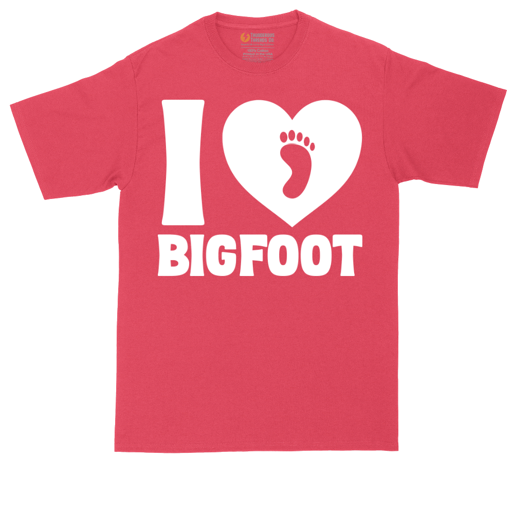 I Love Bigfoot tall t-shirt for men in Heather Red