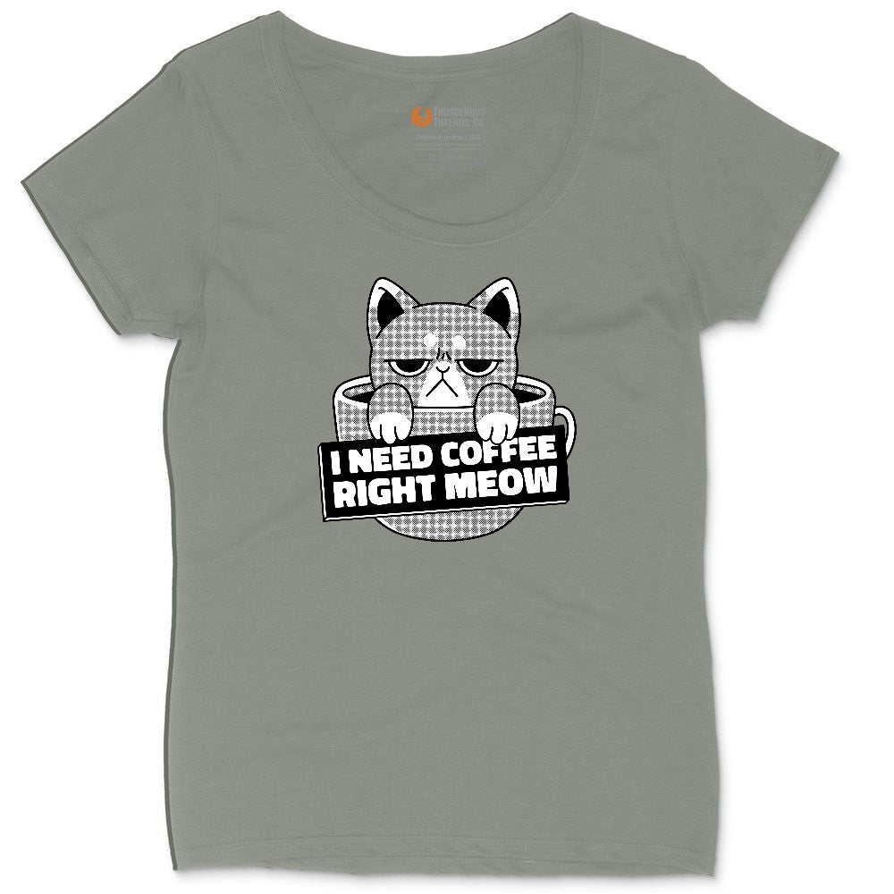 I Need Coffee Right Meow Cat Design Ladies Curvy Tee - Bamboo Blackout