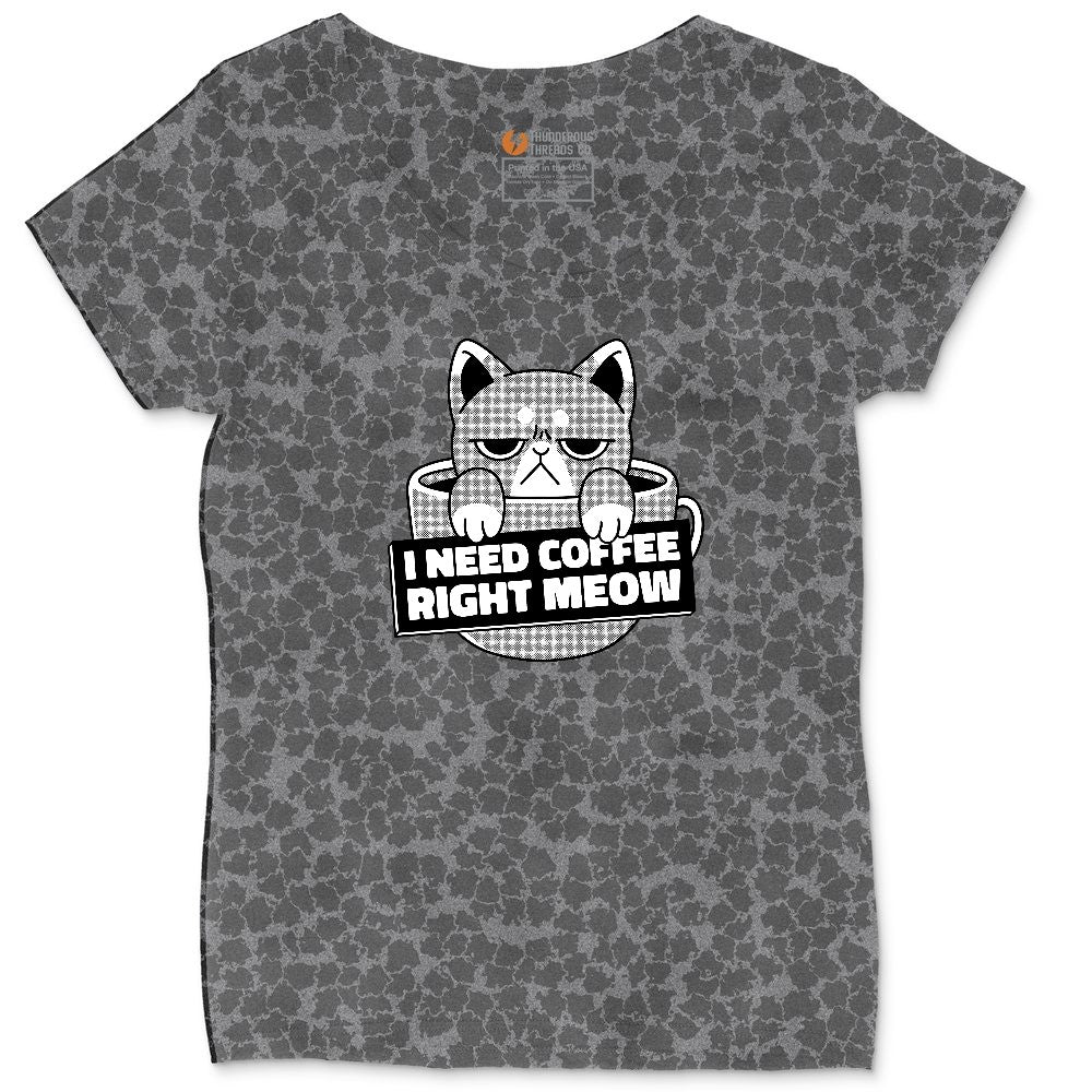 I Need Coffee Right Meow Cat Design Ladies Curvy Tee - Black Leopard
