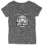 I Need Coffee Right Meow Cat Design Ladies Curvy Tee - Black Leopard
