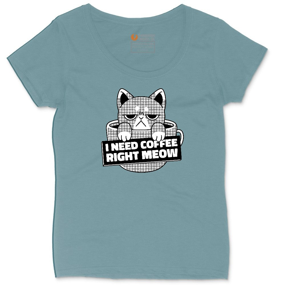 I Need Coffee Right Meow Cat Design Ladies Curvy Tee - Surf Blackout