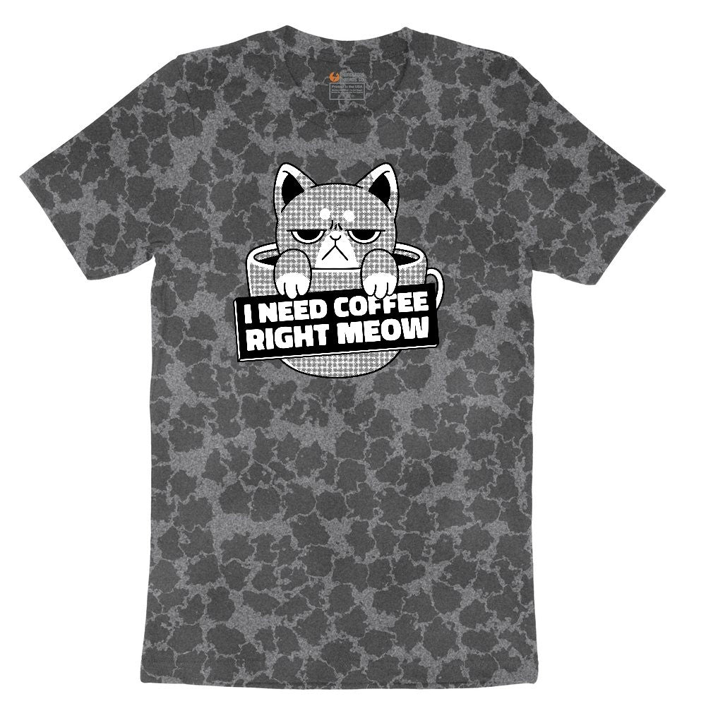 I Need Coffee Right Meow Cat Design Ladies Short Sleeve Tee - Black Leopard