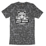 I Need Coffee Right Meow Cat Design Ladies Short Sleeve Tee - Black Leopard