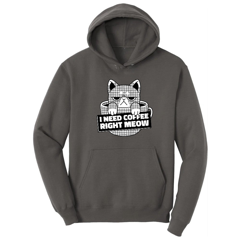 I Need Coffee Right Meow Cat Design Hoodie - Charcoal