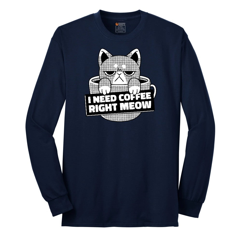 I Need Coffee Right Meow Cat Design Long Sleeve Tee - Navy