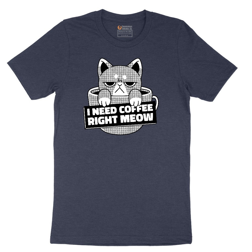 I Need Coffee Right Meow Cat Design Short Sleeve Tee - Heather Navy