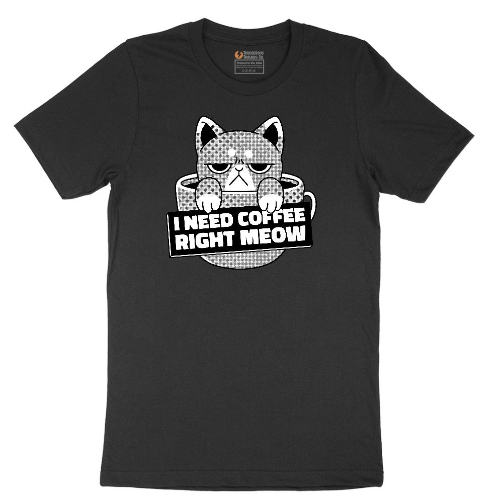 I Need Coffee Right Meow Cat Design Short Sleeve Tee - Jet Black