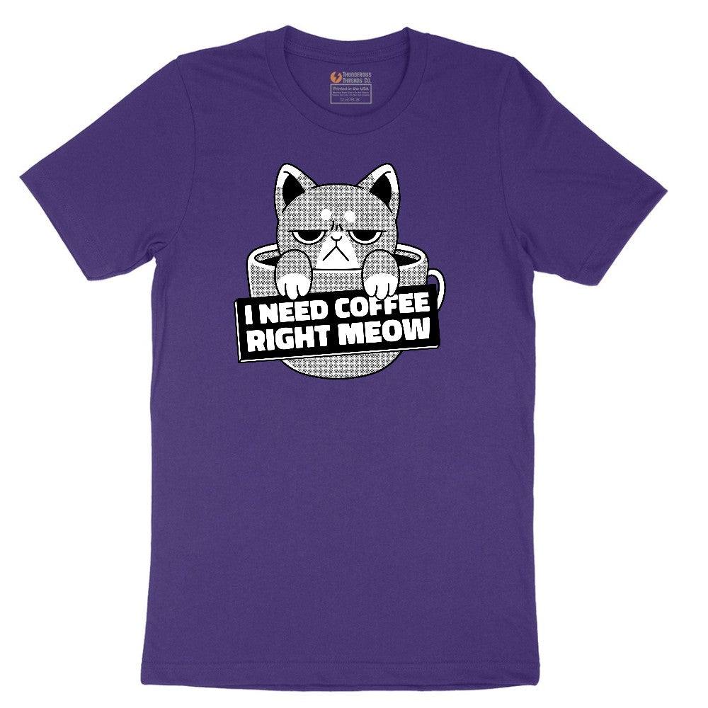 I Need Coffee Right Meow Cat Design Short Sleeve Tee - Team Purple