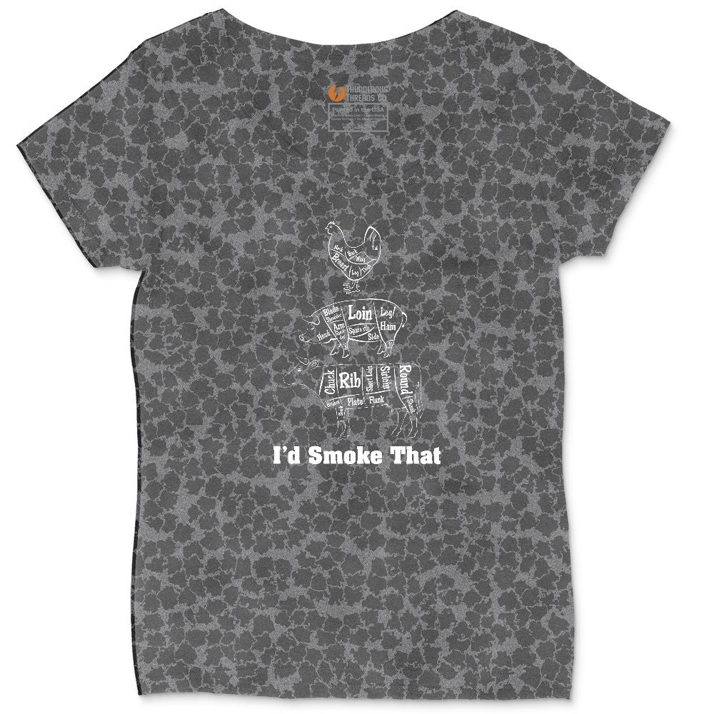 I'd Smoke That Meat Chart Version Ladies Curvy Tee - Black Leopard