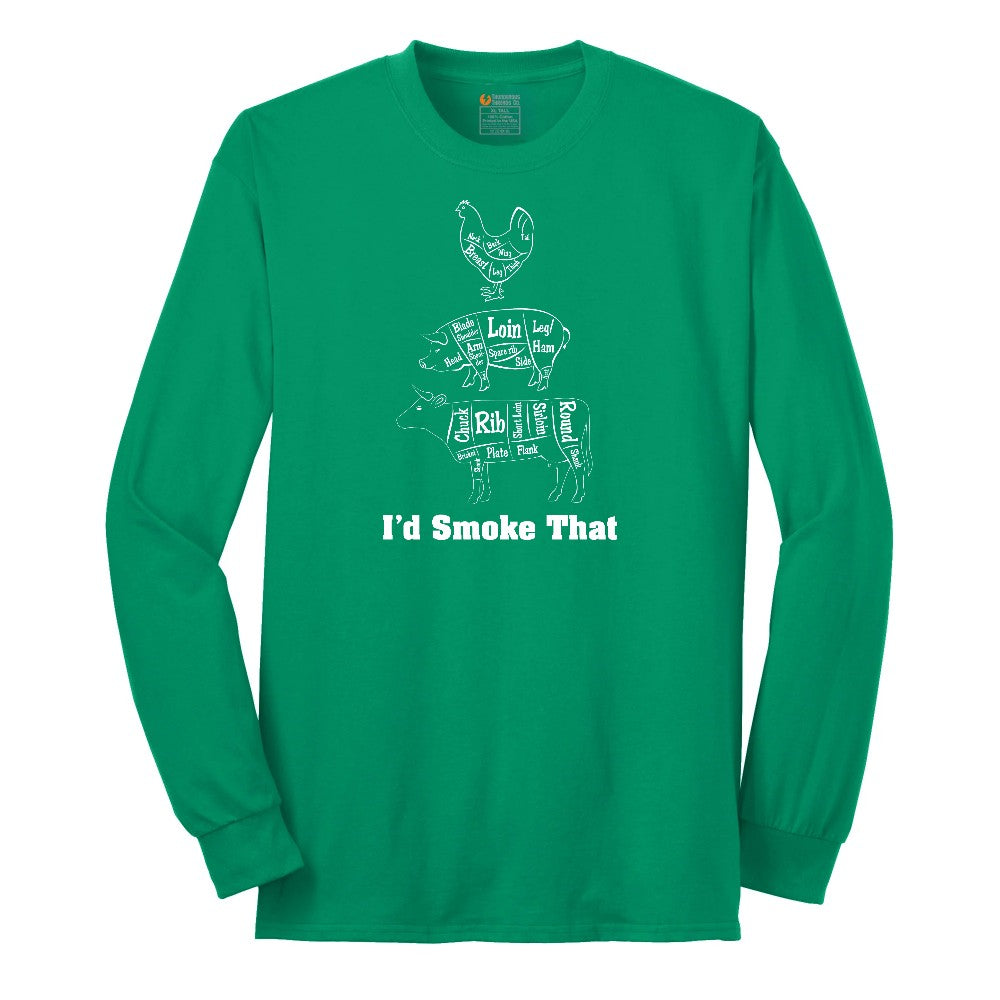 I'd Smoke That Meat Chart Version Long Sleeve Tee - Kelly Green