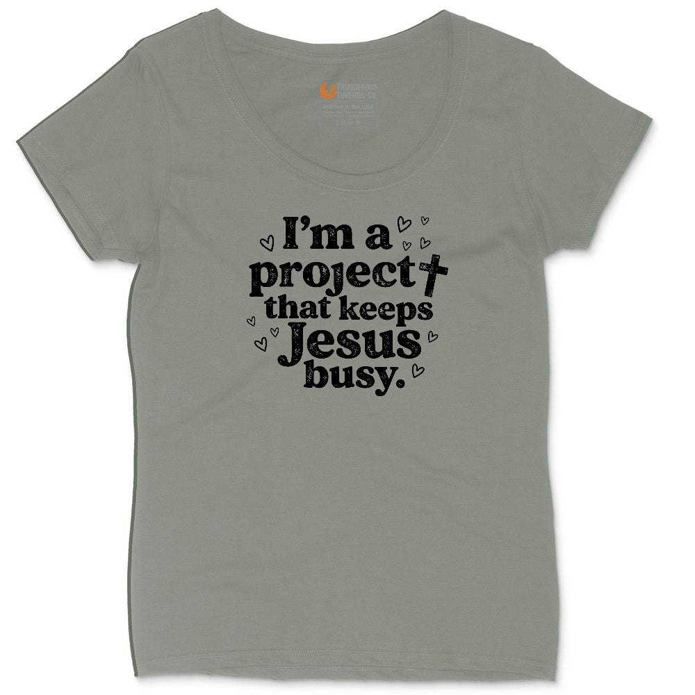 I'm a Project that Keeps Jesus Busy Ladies Curvy Tee - Bamboo Blackout