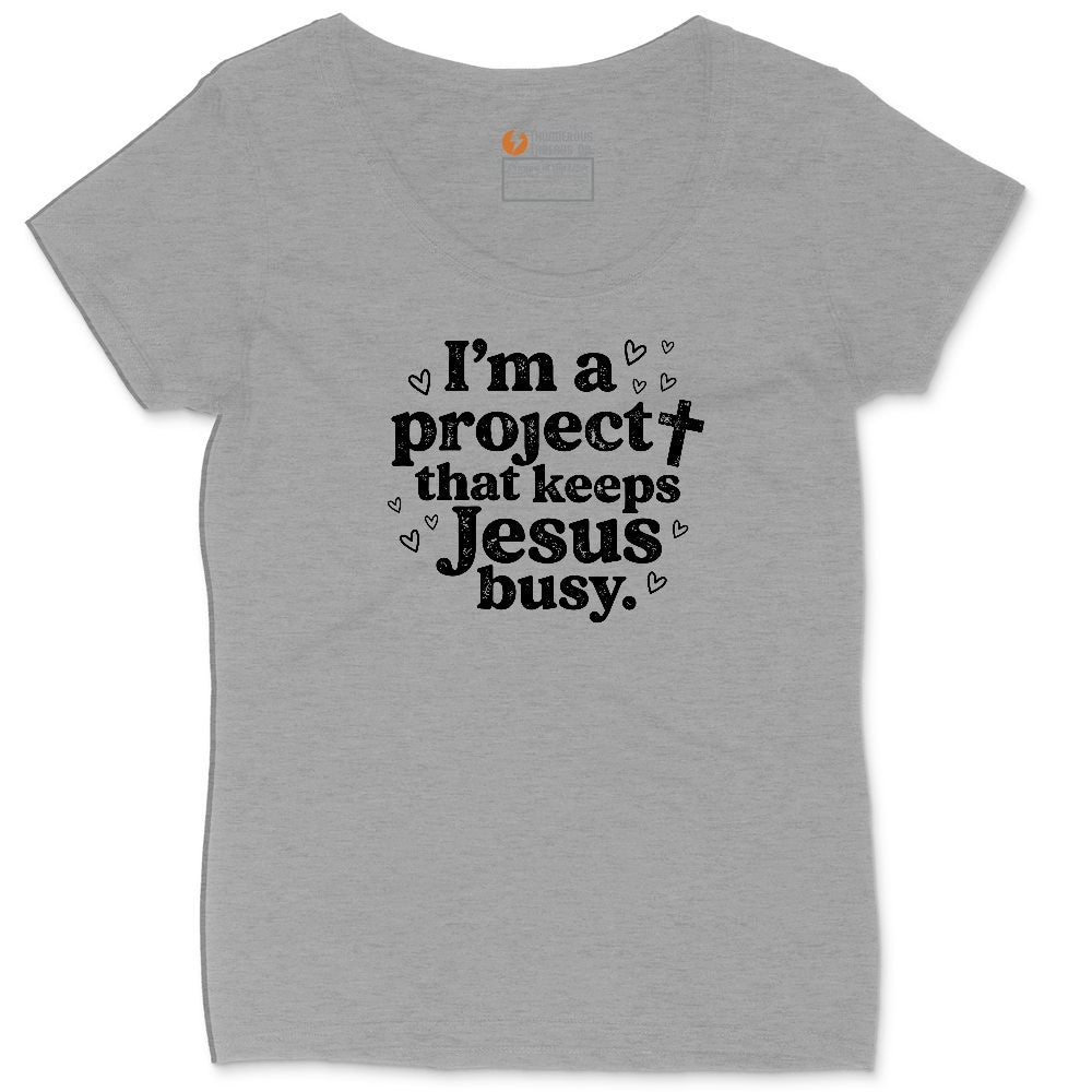 I'm a Project that Keeps Jesus Busy Ladies Curvy Tee - Granite Heather