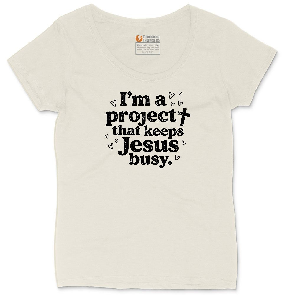 I'm a Project that Keeps Jesus Busy Ladies Curvy Tee - Natural Heather