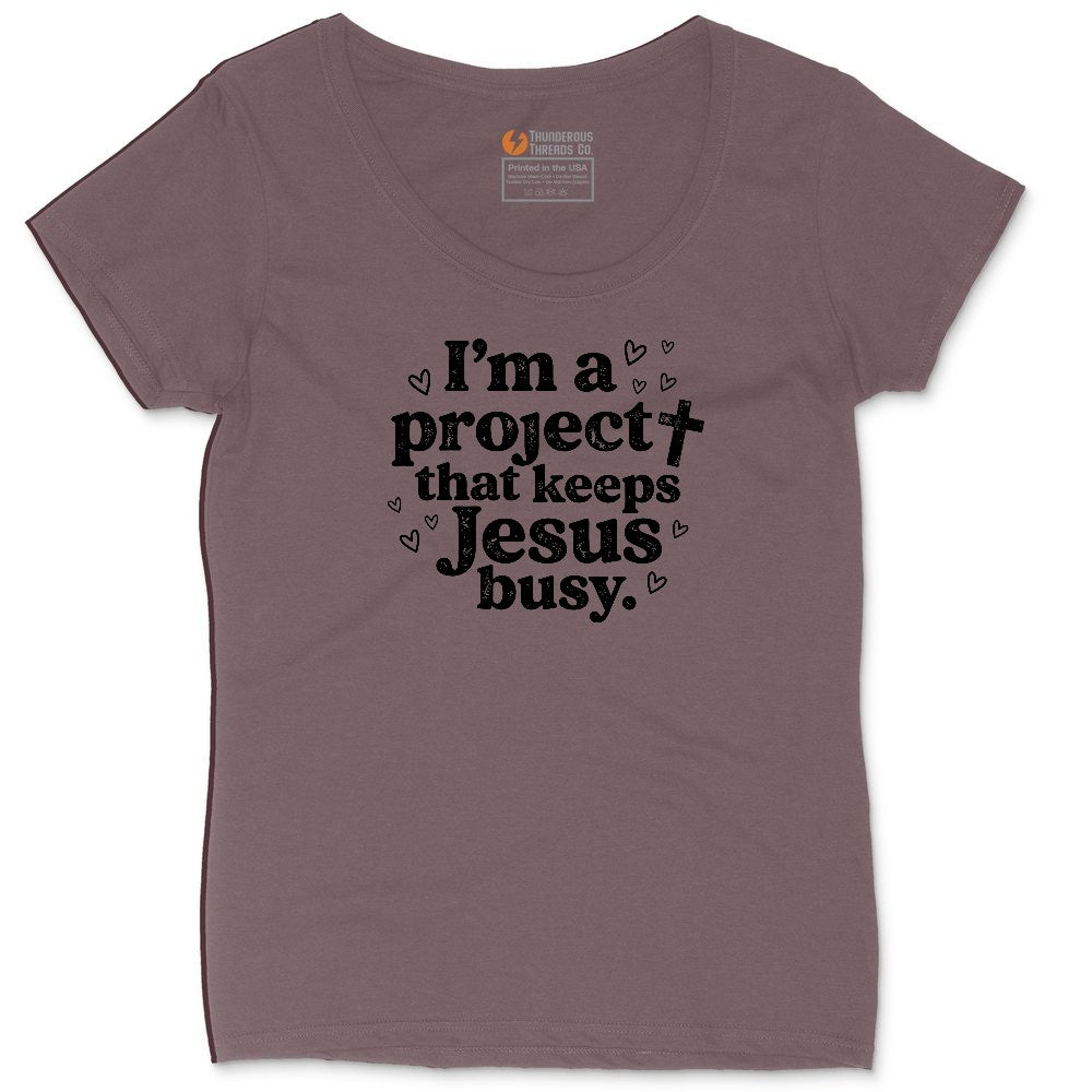 I'm a Project that Keeps Jesus Busy Ladies Curvy Tee - Sangria Blackout
