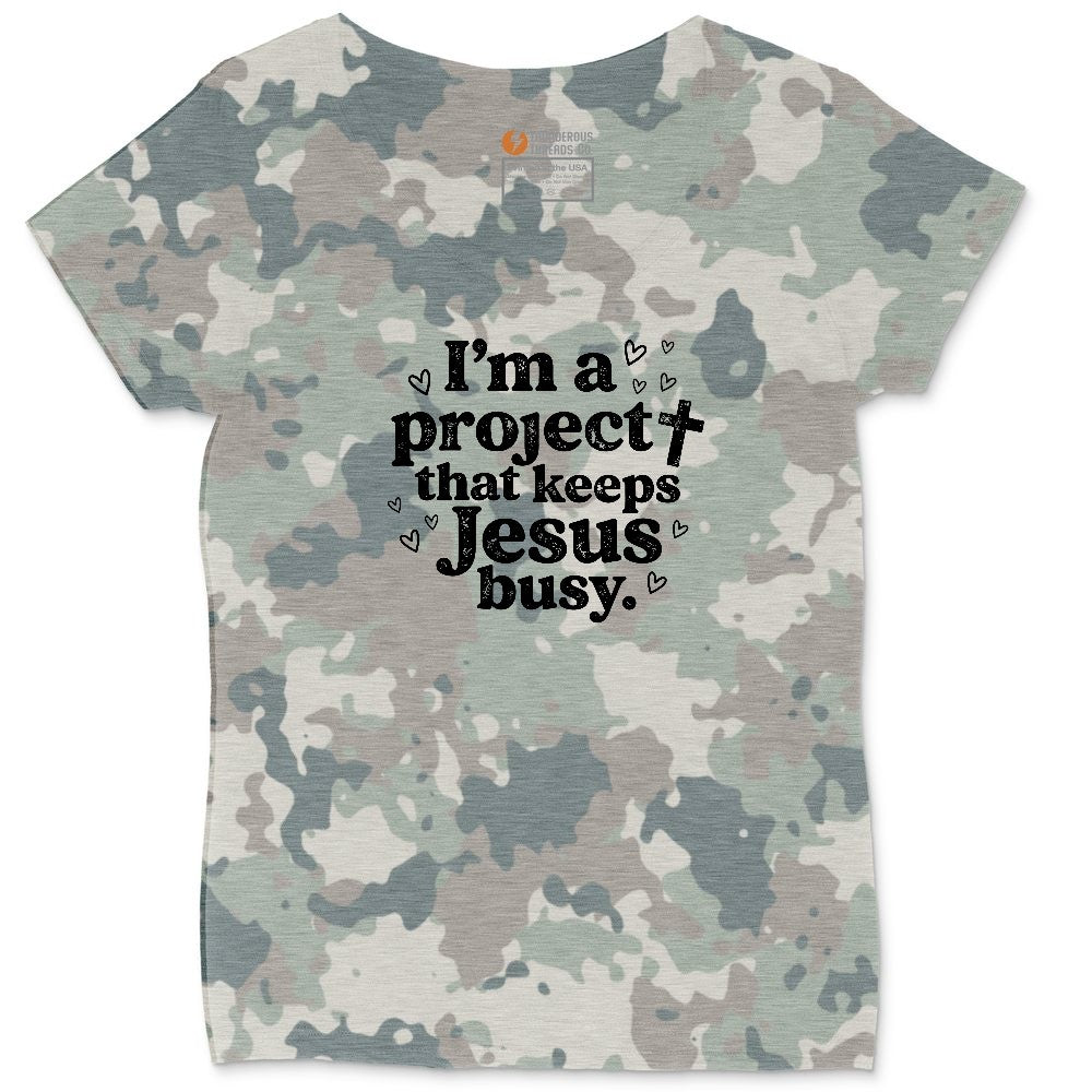 I'm a Project that Keeps Jesus Busy Ladies Curvy Tee - Vintage Camo