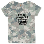 I'm a Project that Keeps Jesus Busy Ladies Curvy Tee - Vintage Camo