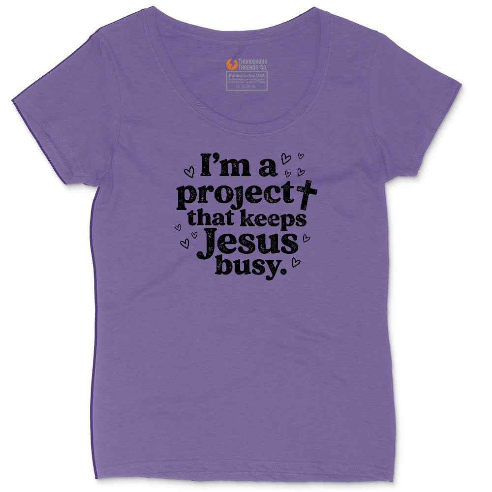 I'm a Project that Keeps Jesus Busy Ladies Curvy Tee - Vintage Purple