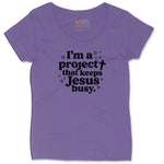 I'm a Project that Keeps Jesus Busy Ladies Curvy Tee - Vintage Purple