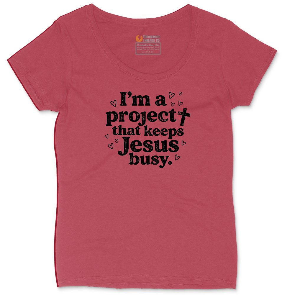 I'm a Project that Keeps Jesus Busy Ladies Curvy Tee - Vintage Red