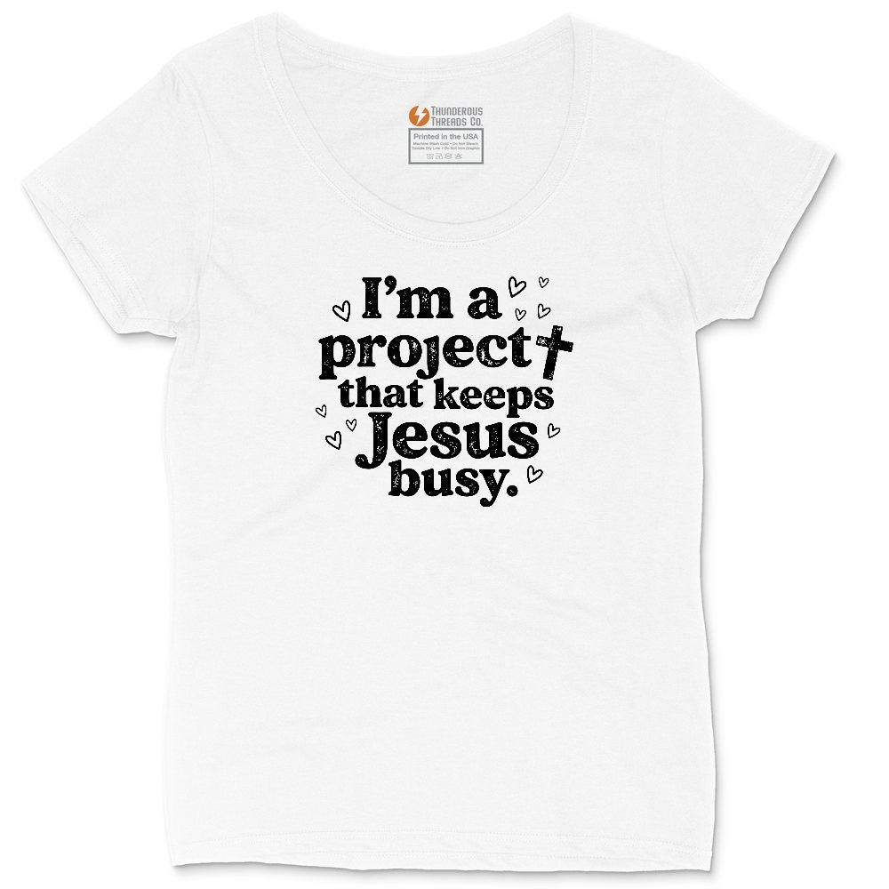 I'm a Project that Keeps Jesus Busy Ladies Curvy Tee - White