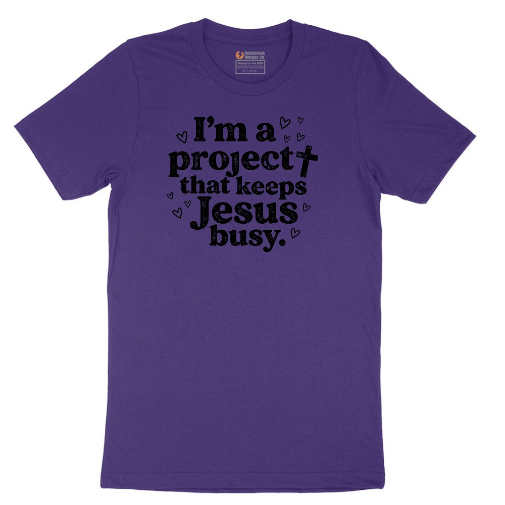 I'm a Project that Keeps Jesus Busy Short Sleeve Tee - Team Purple