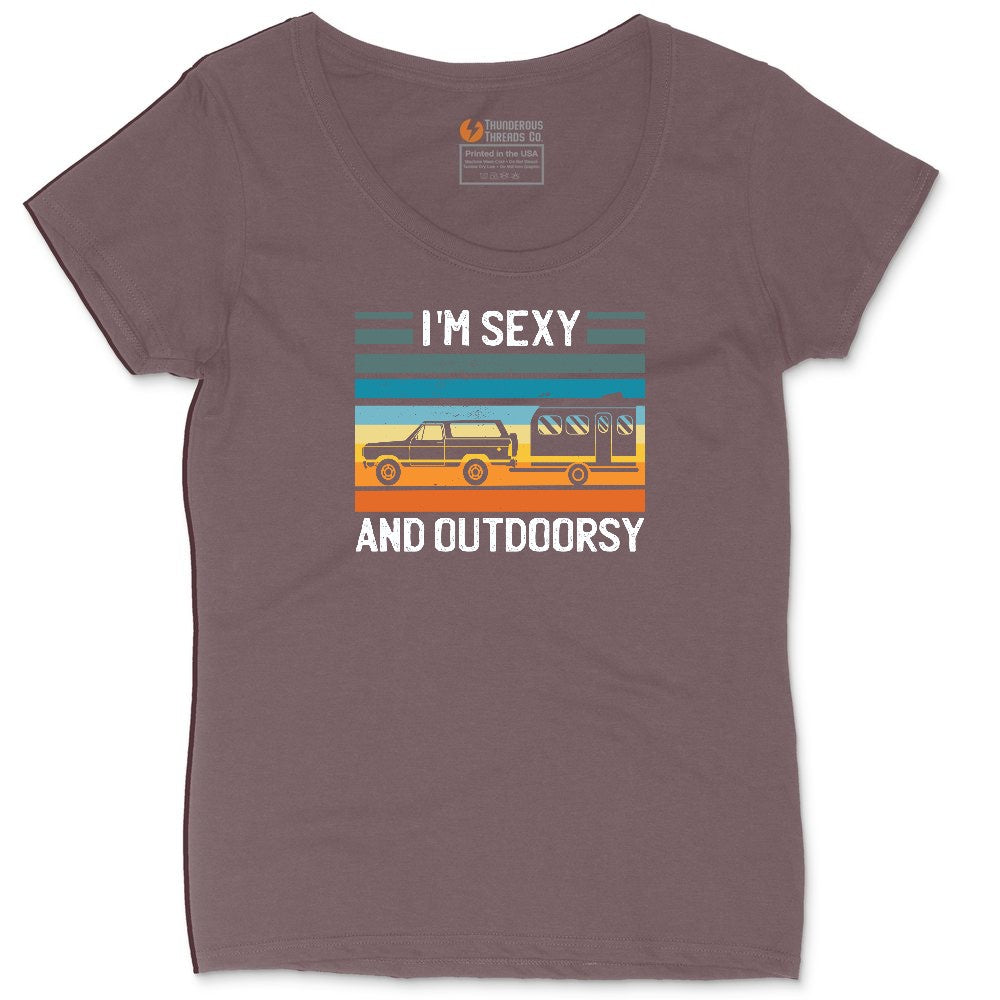 I'm Sexy and Outdoors Ladies Curvy Tee - Sangria Blackout