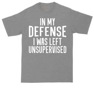 In My Defense I was Left Unsupervised tall t-shirt for men in Dark Heather Grey