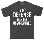 In My Defense I was Left Unsupervised tall t-shirt for men in Dark Heather Grey