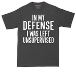 In My Defense I was Left Unsupervised tall t-shirt for men in Dark Heather Grey