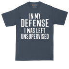 In My Defense I was Left Unsupervised tall t-shirt for men in Heather Navy