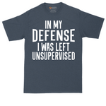 In My Defense I was Left Unsupervised tall t-shirt for men in Heather Navy