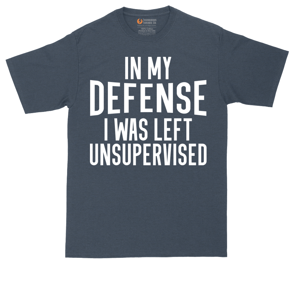 In My Defense I was Left Unsupervised tall t-shirt for men in Heather Navy