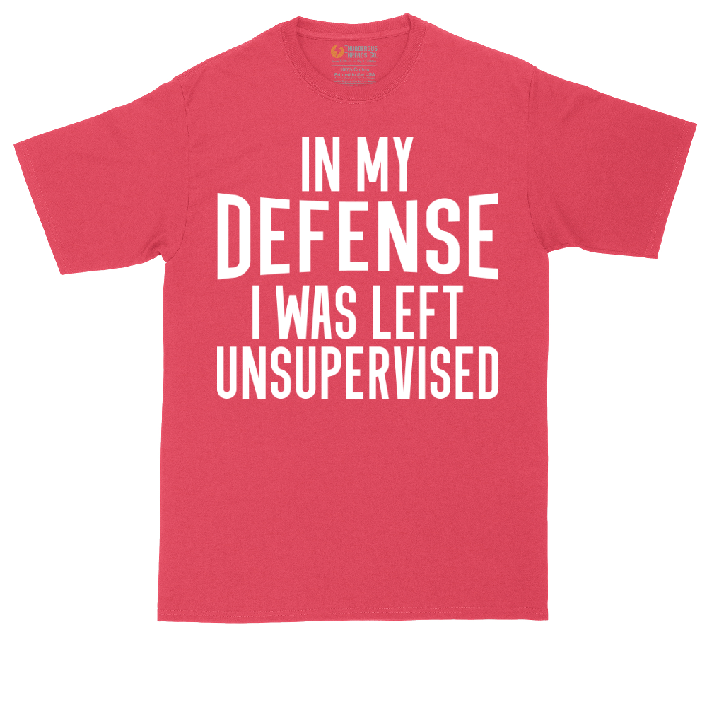 In My Defense I was Left Unsupervised tall t-shirt for men in Heather Red