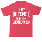 In My Defense I was Left Unsupervised tall t-shirt for men in Heather Red